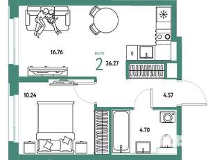 2-к квартира, строящийся дом, 36м2, 21/25 этаж