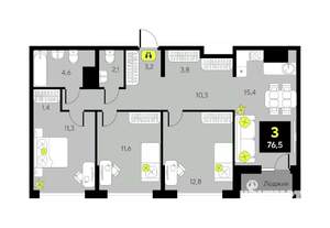 3-к квартира, вторичка, 77м2, 12/17 этаж
