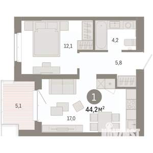 1-к квартира, вторичка, 44м2, 6/11 этаж