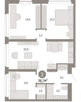 3-к квартира, вторичка, 77м2, 9/16 этаж
