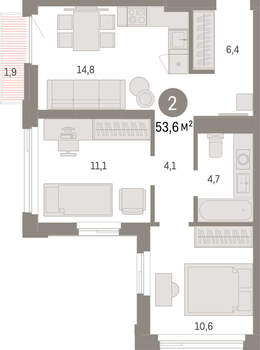 2-к квартира, вторичка, 54м2, 14/25 этаж