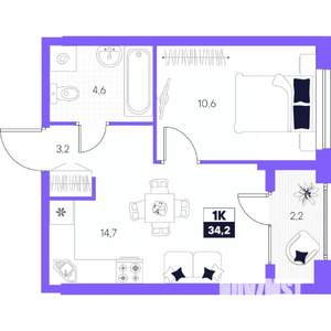 1-к квартира, строящийся дом, 34м2, 2/24 этаж