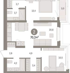 2-к квартира, вторичка, 70м2, 3/16 этаж