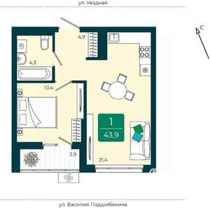 1-к квартира, вторичка, 44м2, 4/9 этаж