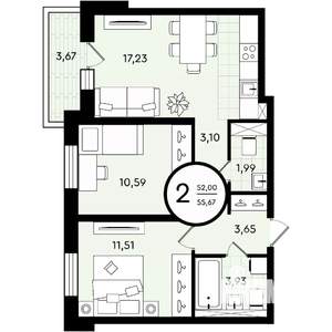 2-к квартира, вторичка, 56м2, 3/4 этаж