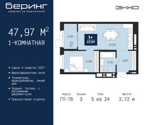 1-к квартира, вторичка, 48м2, 5/24 этаж