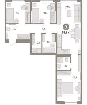 3-к квартира, вторичка, 83м2, 6/17 этаж
