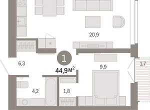 1-к квартира, вторичка, 45м2, 7/16 этаж