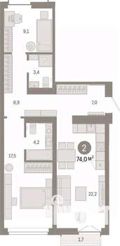 2-к квартира, вторичка, 74м2, 5/16 этаж