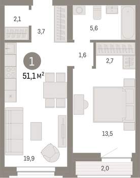 1-к квартира, вторичка, 51м2, 5/10 этаж