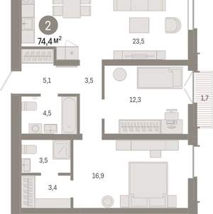2-к квартира, вторичка, 74м2, 6/16 этаж