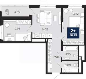 2-к квартира, вторичка, 56м2, 8/23 этаж