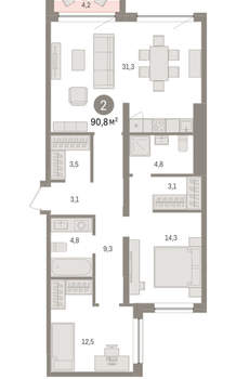 2-к квартира, вторичка, 91м2, 7/8 этаж