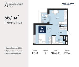 1-к квартира, вторичка, 36м2, 18/24 этаж