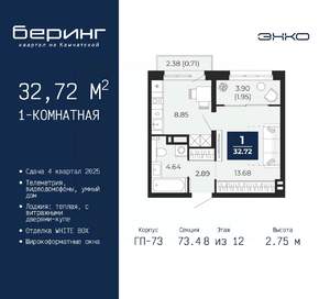 1-к квартира, вторичка, 33м2, 8/22 этаж