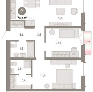 2-к квартира, вторичка, 74м2, 8/16 этаж