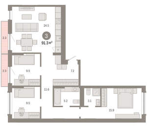 3-к квартира, вторичка, 91м2, 7/8 этаж
