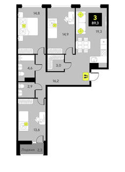 3-к квартира, сданный дом, 89м2, 2/9 этаж