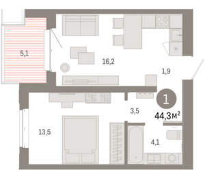 1-к квартира, вторичка, 44м2, 5/11 этаж