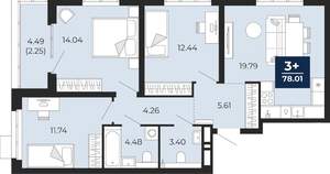 3-к квартира, вторичка, 76м2, 2/22 этаж