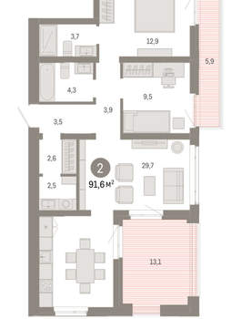 2-к квартира, вторичка, 92м2, 3/25 этаж