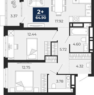 2-к квартира, вторичка, 63м2, 17/20 этаж