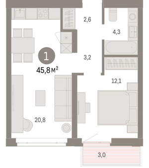 1-к квартира, вторичка, 46м2, 7/25 этаж