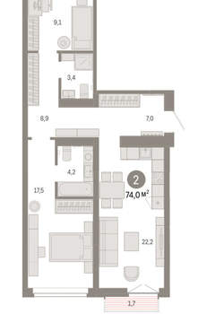2-к квартира, вторичка, 74м2, 3/16 этаж