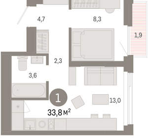 1-к квартира, вторичка, 34м2, 16/25 этаж