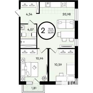 2-к квартира, строящийся дом, 53м2, 3/4 этаж
