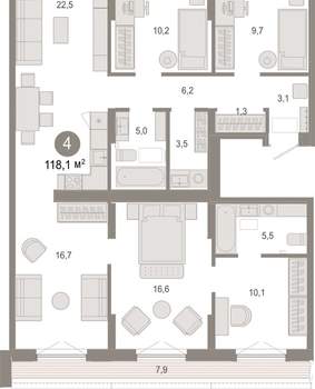 4-к квартира, вторичка, 118м2, 6/17 этаж