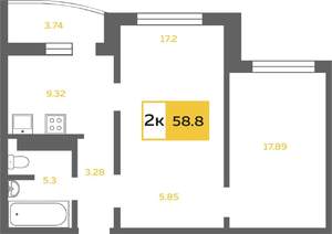 2-к квартира, вторичка, 59м2, 5/16 этаж