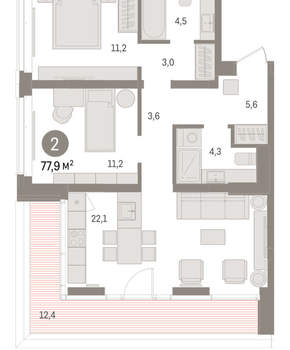 2-к квартира, вторичка, 78м2, 9/16 этаж