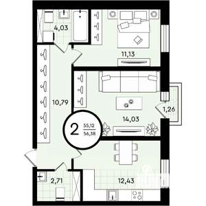 2-к квартира, вторичка, 56м2, 1/4 этаж