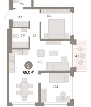 2-к квартира, вторичка, 68м2, 5/8 этаж