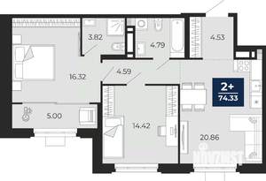 2-к квартира, вторичка, 74м2, 9/24 этаж