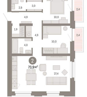 2-к квартира, вторичка, 74м2, 2/16 этаж