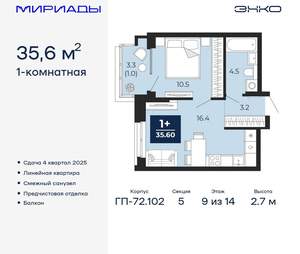 1-к квартира, вторичка, 36м2, 9/16 этаж