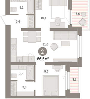 2-к квартира, вторичка, 67м2, 6/16 этаж