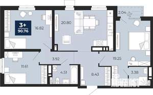 3-к квартира, вторичка, 91м2, 19/24 этаж
