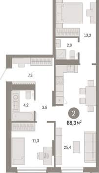 2-к квартира, вторичка, 68м2, 3/17 этаж