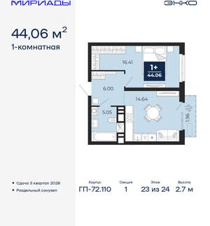 1-к квартира, вторичка, 44м2, 23/24 этаж