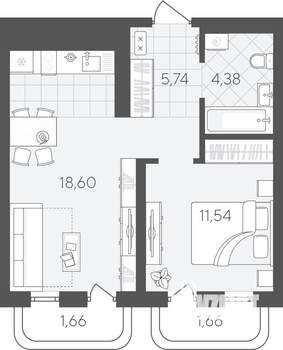 1-к квартира, вторичка, 44м2, 7/24 этаж