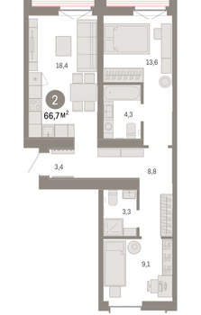 2-к квартира, вторичка, 67м2, 2/16 этаж