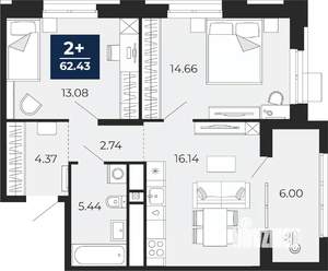 2-к квартира, вторичка, 62м2, 2/14 этаж