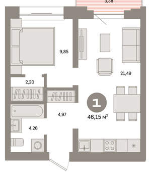 1-к квартира, вторичка, 46м2, 5/8 этаж