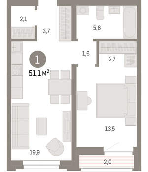 1-к квартира, вторичка, 51м2, 7/10 этаж