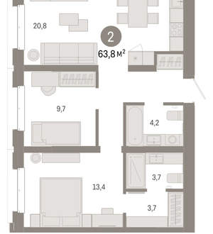 2-к квартира, вторичка, 64м2, 2/11 этаж