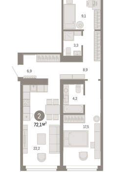2-к квартира, вторичка, 72м2, 6/16 этаж