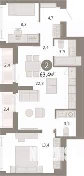 2-к квартира, вторичка, 63м2, 22/25 этаж